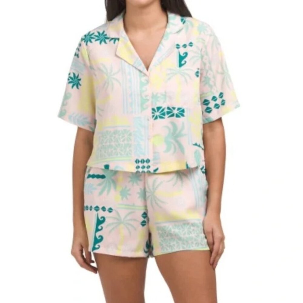 Rachel Zoe Tropical Cropped Button-Down Shirt Pastel Blue Yellow & Pink Size S - Picture 2 of 7